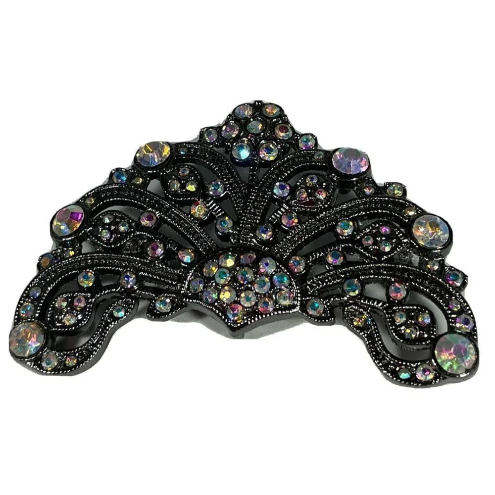 Clear Cluster Floral Flower Fan Rhinestone Pin Brooch Estate Silver Tone‎